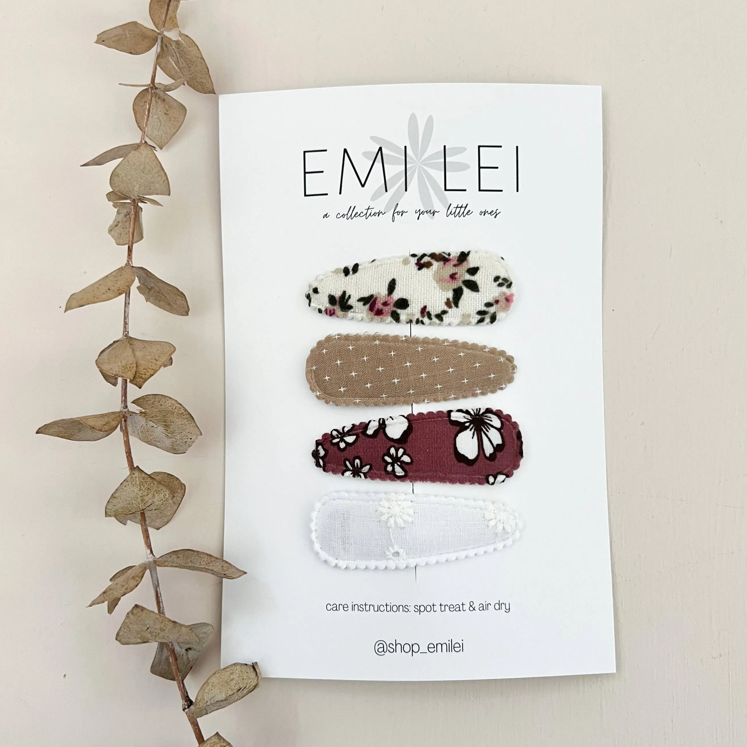 Emi Lei - Fabric Hair Clip Snap Barrettes (4) - Cranberry Taupe Floral