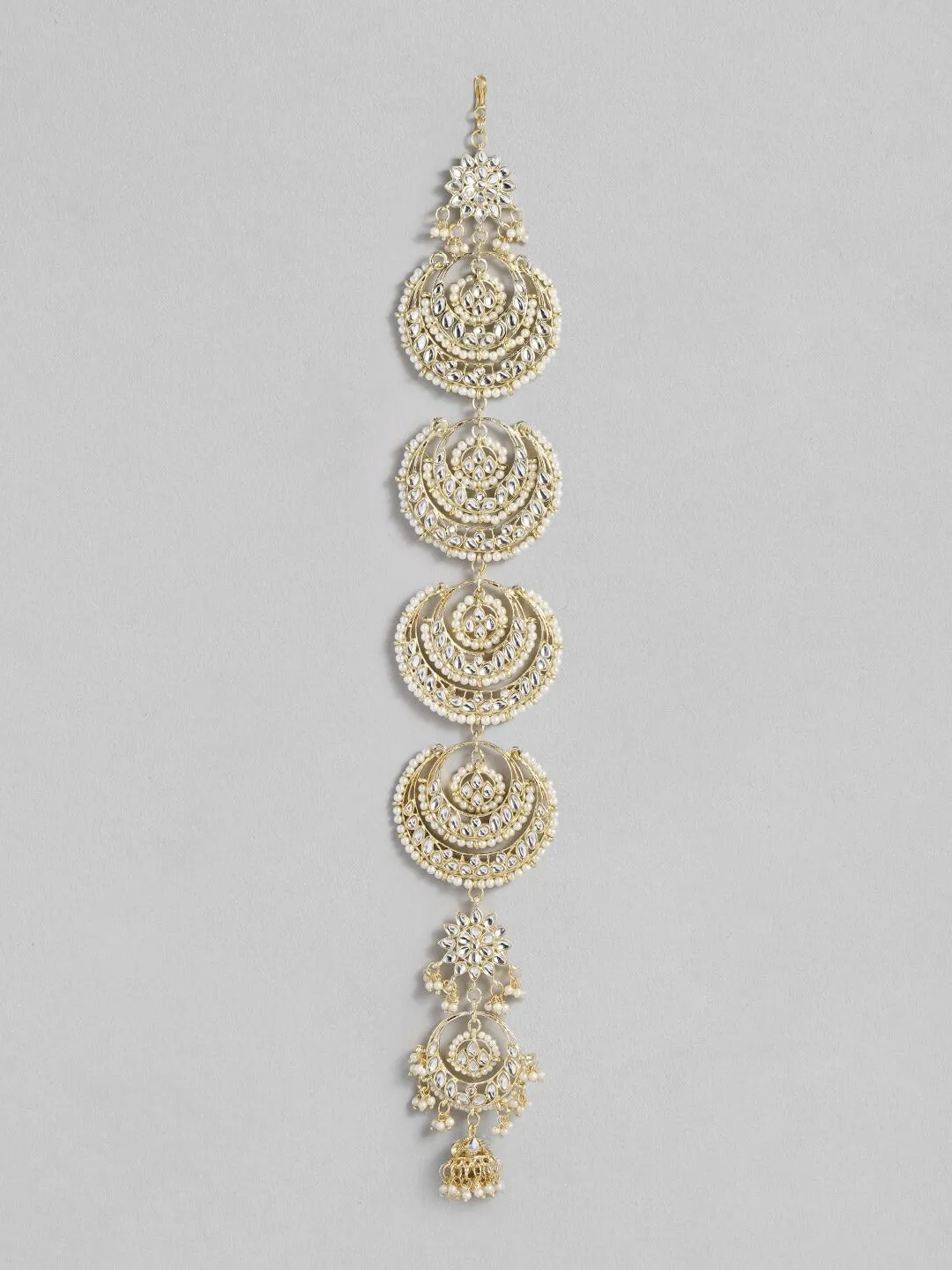 Gold-Plated Metal Traditional Floral Kundan Pearl Studded Beaded Head Chain/Paranda