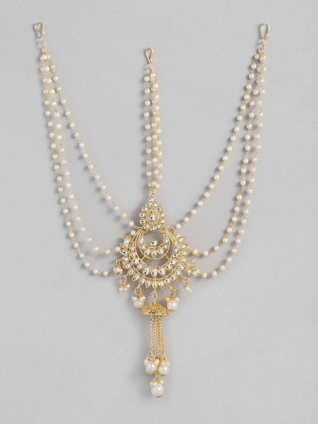 Gold Plated Traditional Handcrafted White Kundan and Pearl Studded Paranda/Hair Braid Pin Choti For Bridal Perfect for Wedding