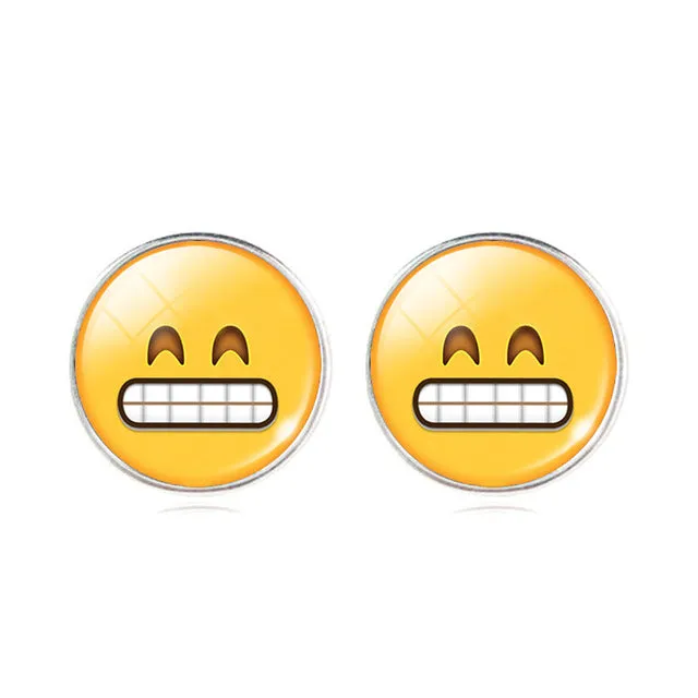 LIEBE ENGEL Vintage Silver Color Emoji Jewelry Women Accessories Fashion Emoticons Glass Cabochon Stud Earrings Fine Jewelry