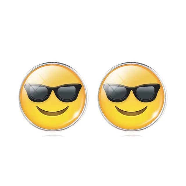 LIEBE ENGEL Vintage Silver Color Emoji Jewelry Women Accessories Fashion Emoticons Glass Cabochon Stud Earrings Fine Jewelry