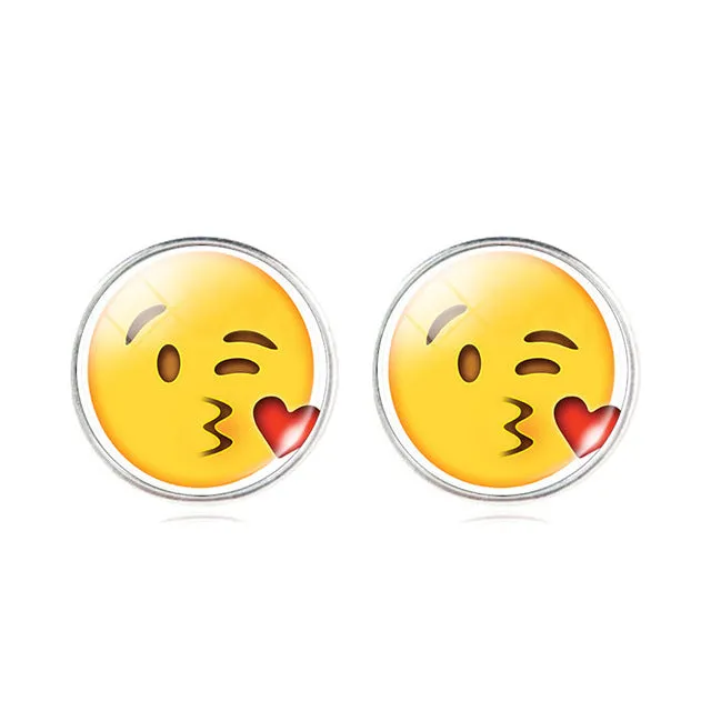 LIEBE ENGEL Vintage Silver Color Emoji Jewelry Women Accessories Fashion Emoticons Glass Cabochon Stud Earrings Fine Jewelry