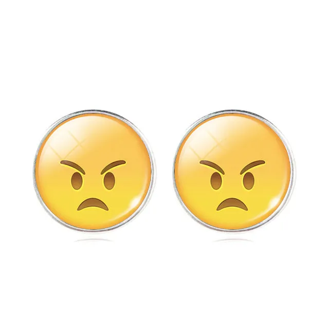 LIEBE ENGEL Vintage Silver Color Emoji Jewelry Women Accessories Fashion Emoticons Glass Cabochon Stud Earrings Fine Jewelry