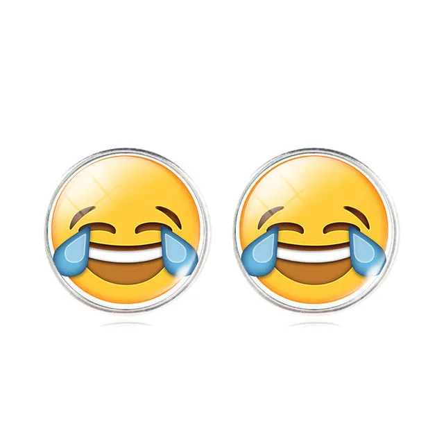 LIEBE ENGEL Vintage Silver Color Emoji Jewelry Women Accessories Fashion Emoticons Glass Cabochon Stud Earrings Fine Jewelry