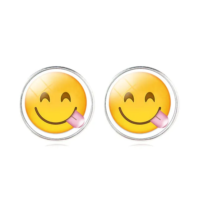 LIEBE ENGEL Vintage Silver Color Emoji Jewelry Women Accessories Fashion Emoticons Glass Cabochon Stud Earrings Fine Jewelry