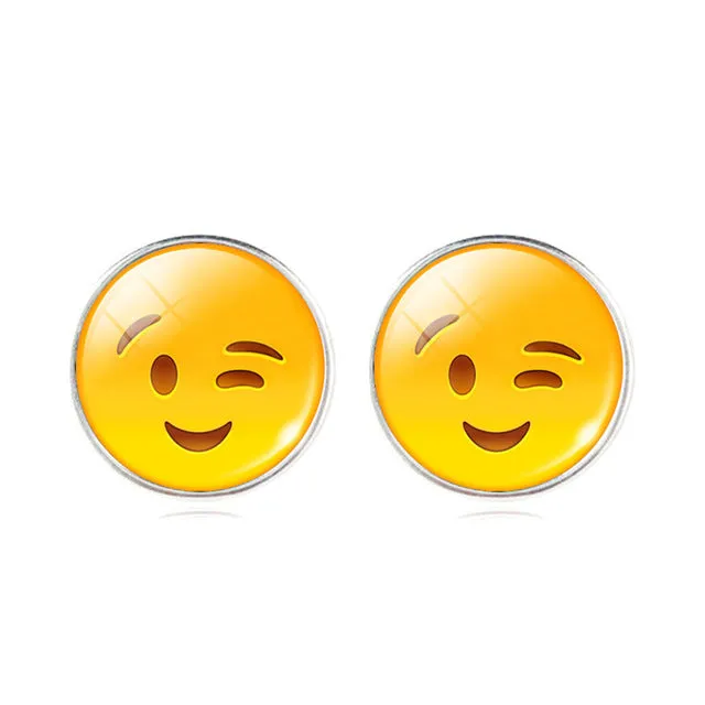 LIEBE ENGEL Vintage Silver Color Emoji Jewelry Women Accessories Fashion Emoticons Glass Cabochon Stud Earrings Fine Jewelry