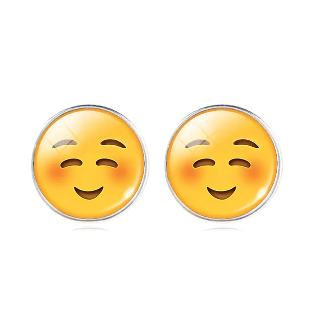 LIEBE ENGEL Vintage Silver Color Emoji Jewelry Women Accessories Fashion Emoticons Glass Cabochon Stud Earrings Fine Jewelry