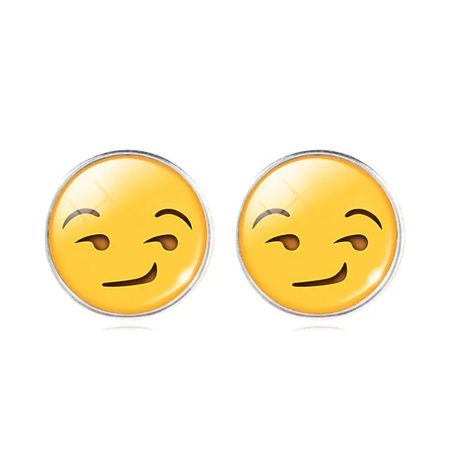 LIEBE ENGEL Vintage Silver Color Emoji Jewelry Women Accessories Fashion Emoticons Glass Cabochon Stud Earrings Fine Jewelry