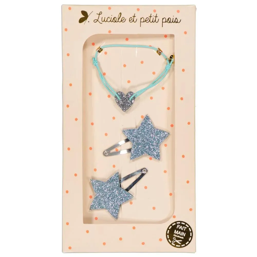 Luciole - Coffret cadeau - Barrettes toiles ciel & Bracelet menthe