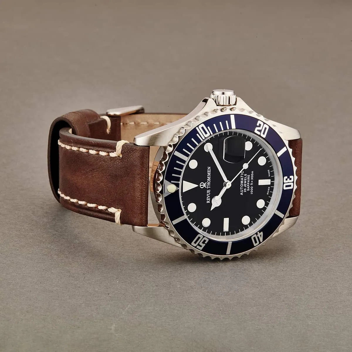 Revue Thommen Men's 17571.2535 'Diver' Black Dial Brown Suede Leather Strap Swiss Automatic Watch