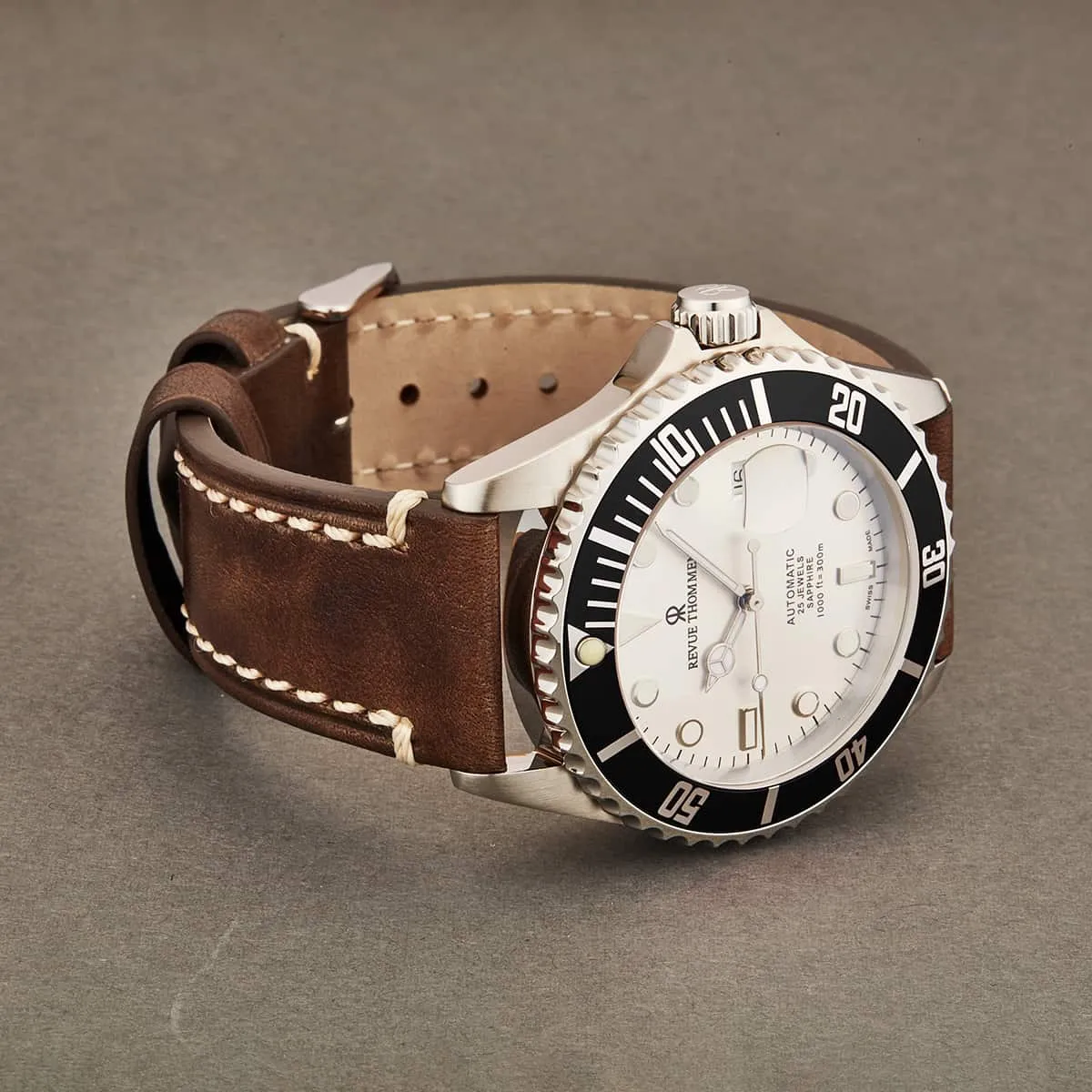 Revue Thommen's Men's 17571.2527 'Diver' Silver Dial Light Brown Leather Strap Swiss Automatic Watch